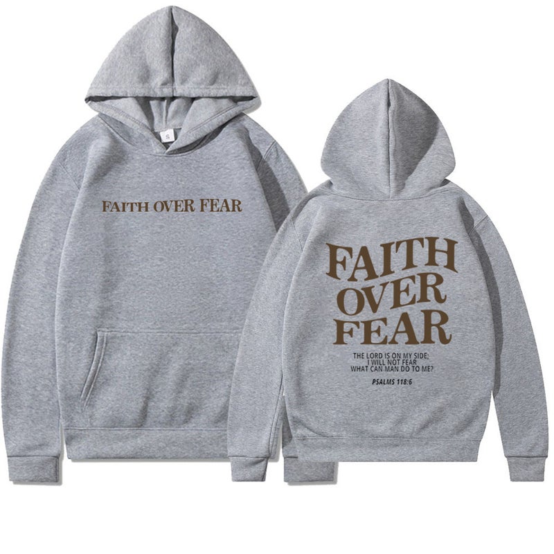 Foreign trade Amazon AliExpress 2024 new hooded long sleeve Faith Over Fear printed sweater on behalf of hair Grey
