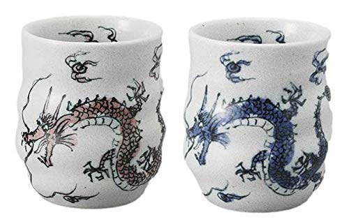 Mino Ware Japanese Sushi Yunomi Tea cups 947 Onces Authentic Dragon Red and Blue for Hot Green Tea Matcha Tea Bancha Set of 2 from Japan