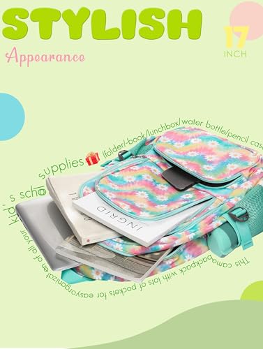 BLUEFAIRY Kids Backpack for Girls Elementary Middle School Bag Bookbag for Teens Teenager Back to School Gifts17 Inch Mochilas Escolares para NiÃ±as Aged 8-10 Tie-dye Rainbow Daisy Flower Green - Image 5