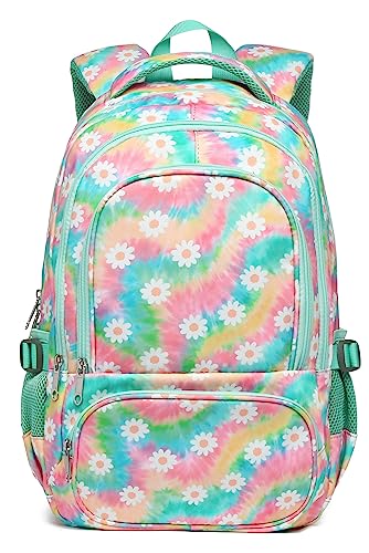 BLUEFAIRY Kids Backpack for Girls Elementary Middle School Bag Bookbag for Teens Teenager Back to School Gifts17 Inch Mochilas Escolares para NiÃ±as Aged 8-10 Tie-dye Rainbow Daisy Flower Green - Image 1
