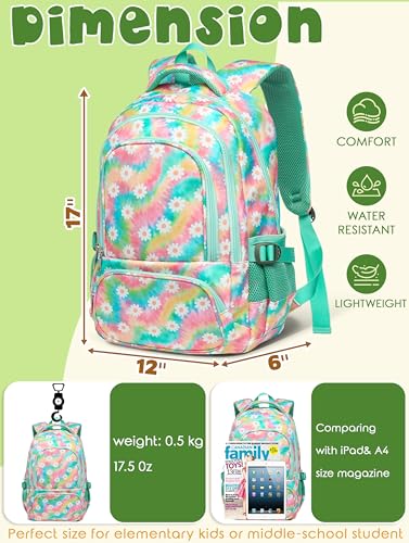 BLUEFAIRY Kids Backpack for Girls Elementary Middle School Bag Bookbag for Teens Teenager Back to School Gifts17 Inch Mochilas Escolares para NiÃ±as Aged 8-10 Tie-dye Rainbow Daisy Flower Green - Image 2