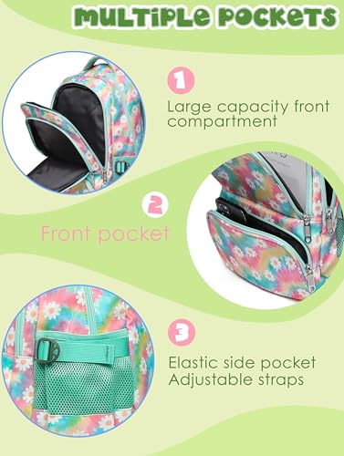 BLUEFAIRY Kids Backpack for Girls Elementary Middle School Bag Bookbag for Teens Teenager Back to School Gifts17 Inch Mochilas Escolares para NiÃ±as Aged 8-10 Tie-dye Rainbow Daisy Flower Green - Image 3