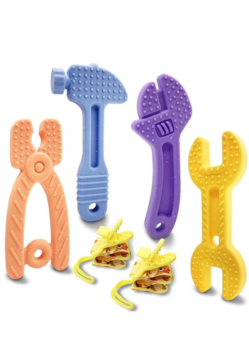 XiuWoo 4 Pack Soft Silicone Teething Toys for Toddlers Infant Hammer Wrench Spanner Pliers Tools Shape Baby Teethers Relief Soothe Babies Gums Set  - Image 1