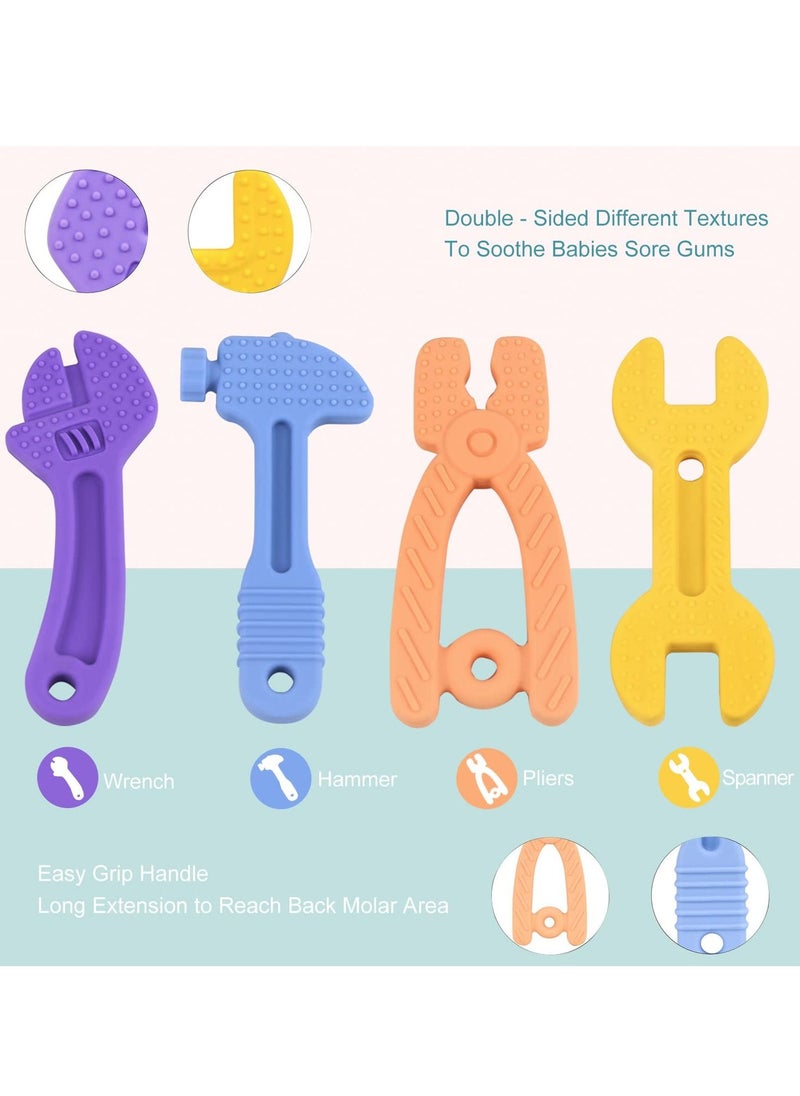 XiuWoo 4 Pack Soft Silicone Teething Toys for Toddlers Infant Hammer Wrench Spanner Pliers Tools Shape Baby Teethers Relief Soothe Babies Gums Set  - Image 3