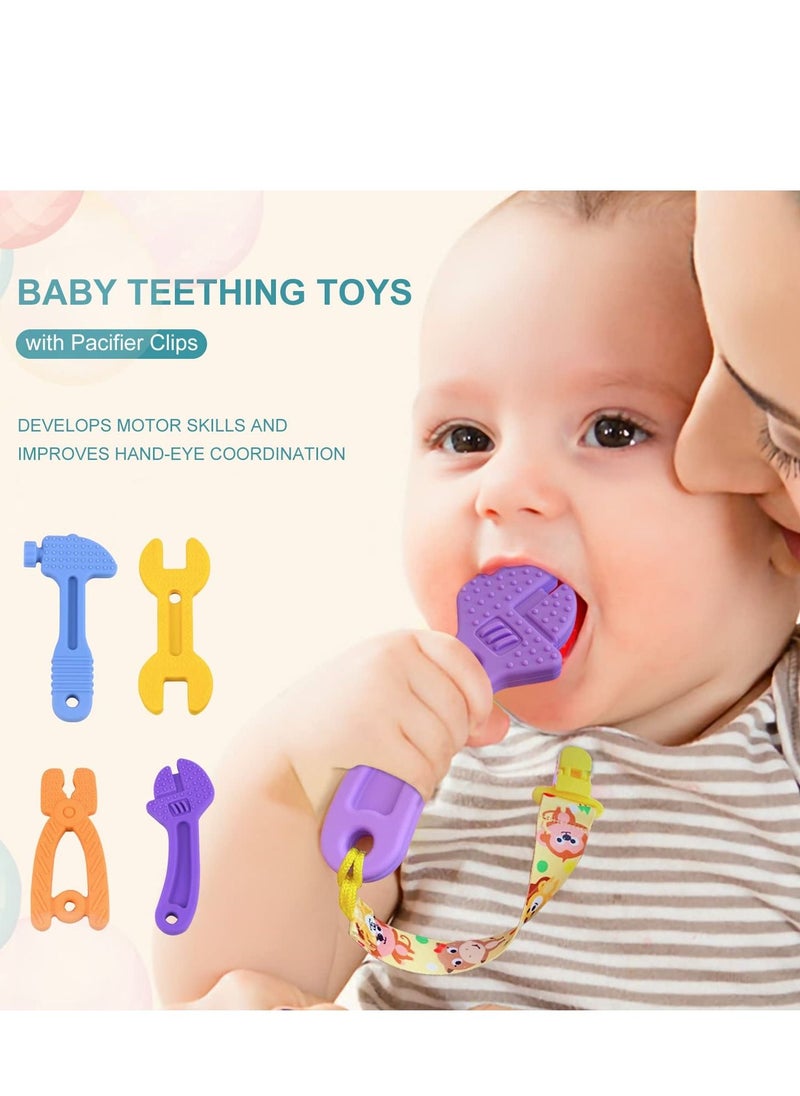 XiuWoo 4 Pack Soft Silicone Teething Toys for Toddlers Infant Hammer Wrench Spanner Pliers Tools Shape Baby Teethers Relief Soothe Babies Gums Set  - Image 2