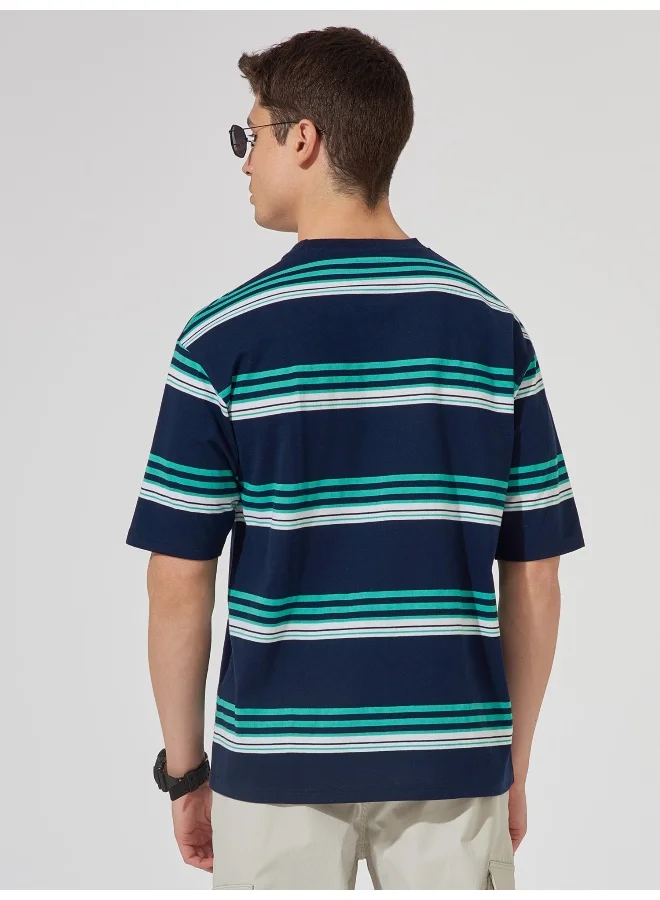 Maniac Mens Striped Round Neck 3/4th Sleeve Navy and White Cotton Oversized Fit T-Shirt