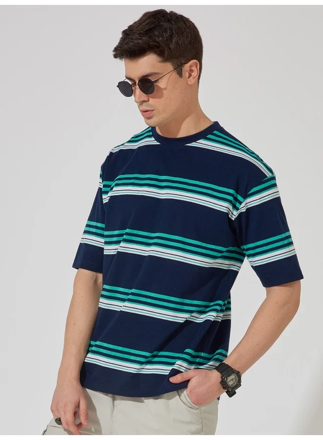 Maniac Mens Striped Round Neck 3/4th Sleeve Navy and White Cotton Oversized Fit T-Shirt