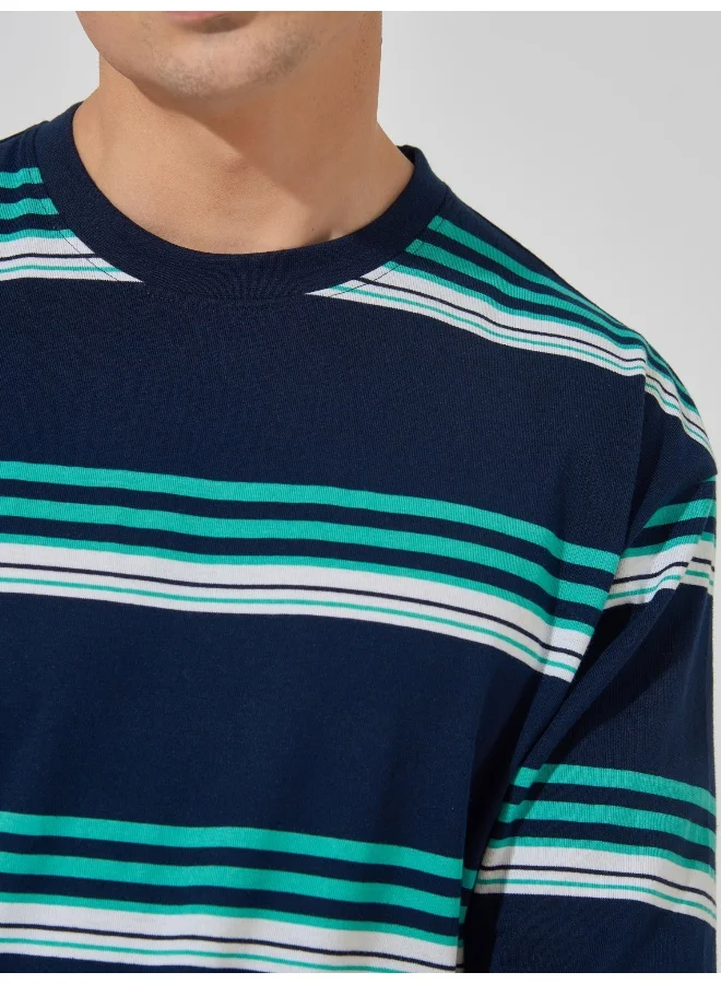 Maniac Mens Striped Round Neck 3/4th Sleeve Navy and White Cotton Oversized Fit T-Shirt