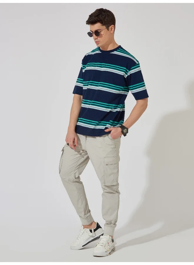 Maniac Mens Striped Round Neck 3/4th Sleeve Navy and White Cotton Oversized Fit T-Shirt
