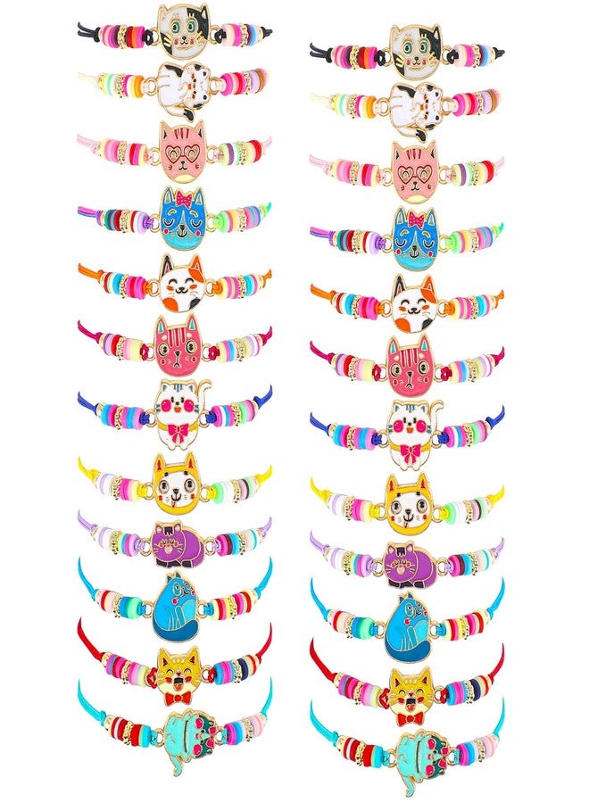 Sureio 24 Pcs Colorful Friendship Bracelets for Girls Kids Cute Animal Cat Charm Bracelet Friendship Surfer Bracelets Stretch Beaded Kids Bracelet Adjustable Back to School Tween Girl Party Favors - Image 1