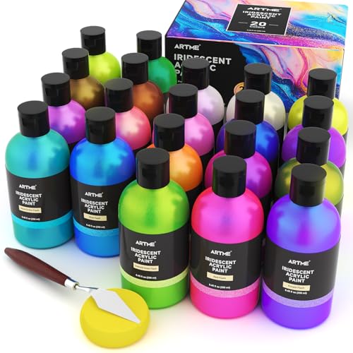 ARTME Iridescent Acrylic Paint Set, 20 Chameleon Colors in 8.45 oz/250ml Bottles, Large Bulk Color-shifting Acrylic Paint Perfect for Artists, Beginners on Canvas, Rocks, Wood, Fabric with Paint Knife - Image 1