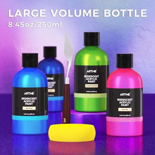 ARTME Iridescent Acrylic Paint Set, 20 Chameleon Colors in 8.45 oz/250ml Bottles, Large Bulk Color-shifting Acrylic Paint Perfect for Artists, Beginners on Canvas, Rocks, Wood, Fabric with Paint Knife - Image 3