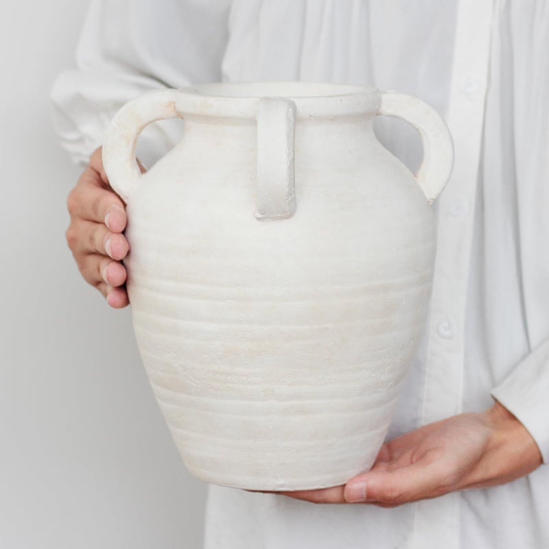 Relexome Rustic White Ceramic Vase, Wide Mouth Terracotta, Antique Decorative Flower Vase with 4 Handles, 9.7 in - Image 4