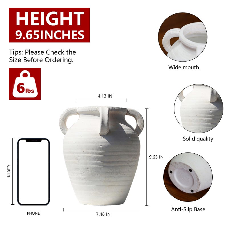 Relexome Rustic White Ceramic Vase, Wide Mouth Terracotta, Antique Decorative Flower Vase with 4 Handles, 9.7 in - Image 2