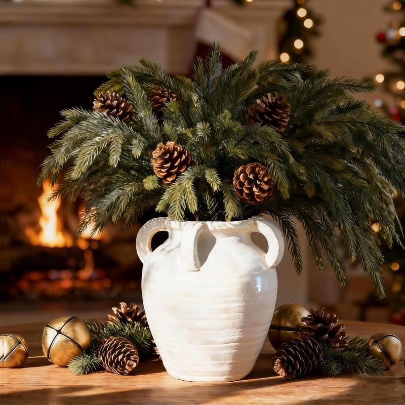 Relexome Rustic White Ceramic Vase, Wide Mouth Terracotta, Antique Decorative Flower Vase with 4 Handles, 9.7 in - Image 1