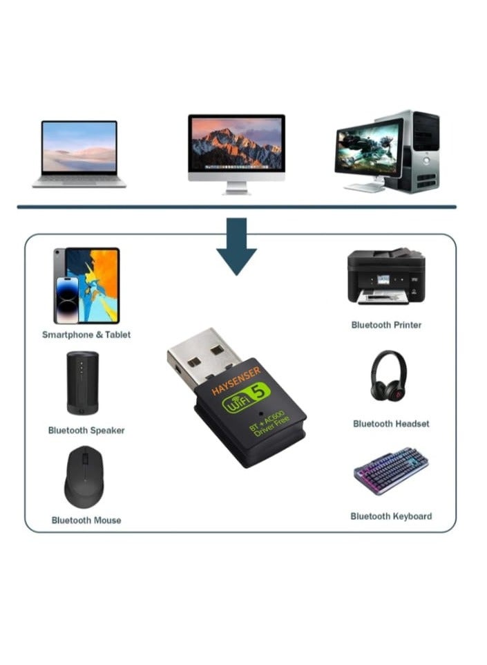 Haysenser HY-610BT 600Mbps WiFi 5 + Bluetooth 5.0 Dual Band USB Adapter – Plug & Play Wireless Dongle for PC & Laptop - Image 1