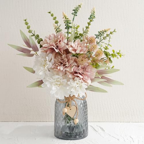 LUEUR Artificial Dahlia Flowers with Vase – Dusty Pink Faux Flower Arrangement, Elegant Floral Centerpiece Table Decorations for Coffee Table, Dining Room, Bedroom, Living Room & Farmhouse Home Decor - Image 1