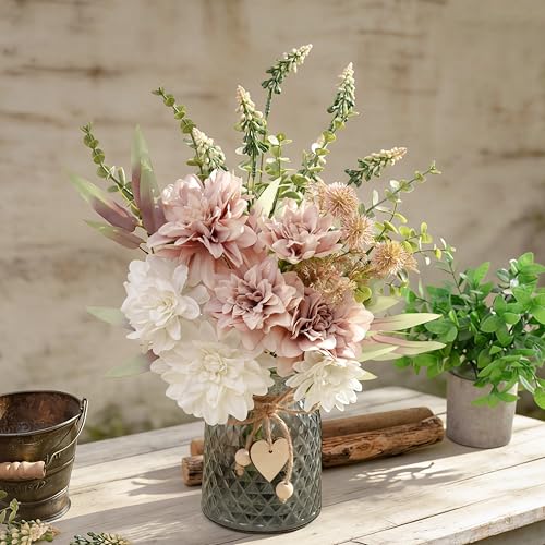 LUEUR Artificial Dahlia Flowers with Vase – Dusty Pink Faux Flower Arrangement, Elegant Floral Centerpiece Table Decorations for Coffee Table, Dining Room, Bedroom, Living Room & Farmhouse Home Decor - Image 3