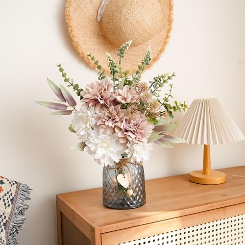 LUEUR Artificial Dahlia Flowers with Vase – Dusty Pink Faux Flower Arrangement, Elegant Floral Centerpiece Table Decorations for Coffee Table, Dining Room, Bedroom, Living Room & Farmhouse Home Decor - Image 5