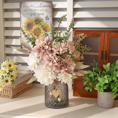 LUEUR Artificial Dahlia Flowers with Vase – Dusty Pink Faux Flower Arrangement, Elegant Floral Centerpiece Table Decorations for Coffee Table, Dining Room, Bedroom, Living Room & Farmhouse Home Decor - Image 4