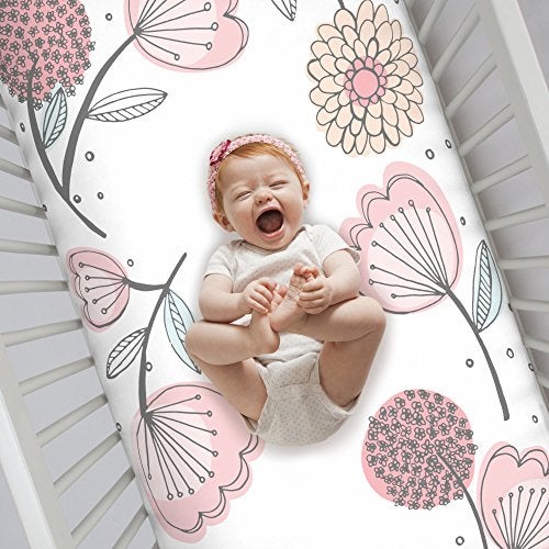 NoJo Photo Op 100% Cotton Fitted Crib Sheet, Floral, Pink/Gray - Image 3