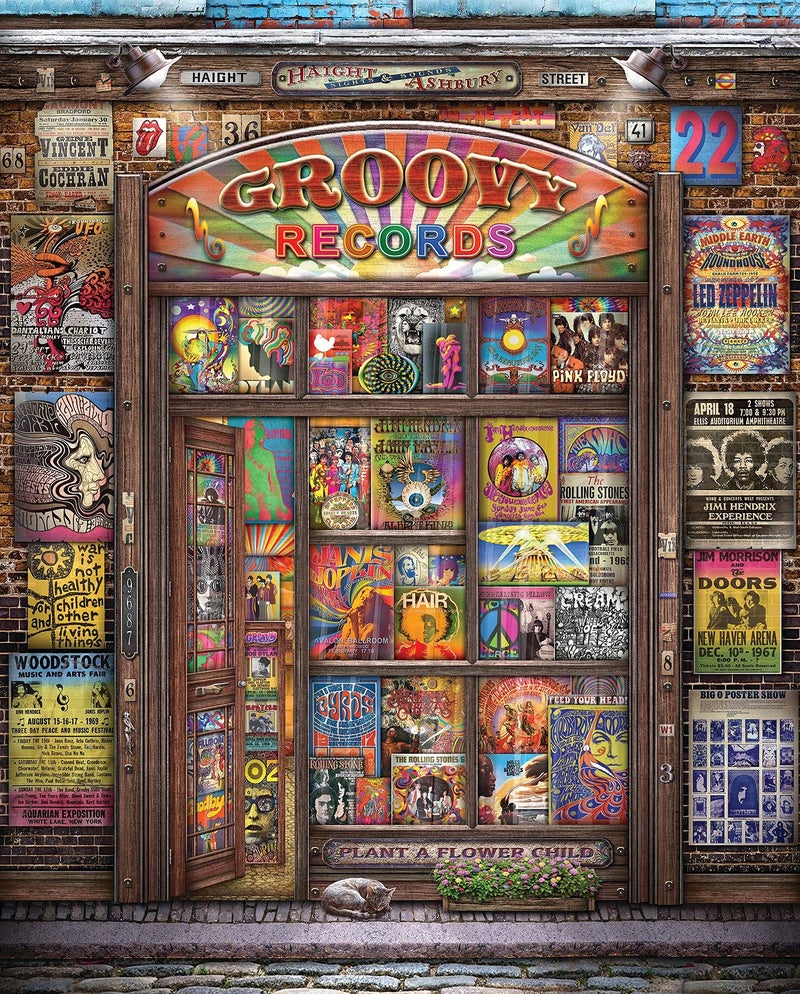 Springbok Groovy Records 1000 piece Jigsaw Puzzle for Adults features a colorful illustration of a classic record store - Image 2