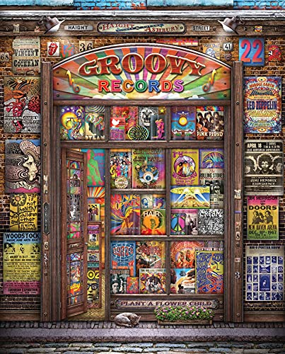 Springbok Groovy Records 1000 piece Jigsaw Puzzle for Adults features a colorful illustration of a classic record store - Image 1