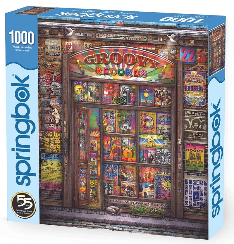 Springbok Groovy Records 1000 piece Jigsaw Puzzle for Adults features a colorful illustration of a classic record store - Image 3