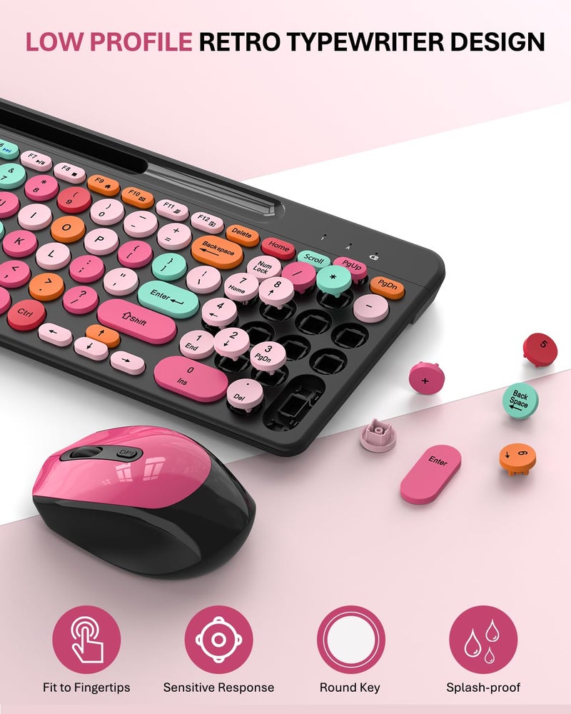 EDJO Pink & Black Colorful Wireless Keyboard and Mouse Combo - Round Keycaps, 2.4GHz Retro Typewriter Keyboard with Number Pad, Cute Compact USB Keyboard and Mouse for Computer PC Desktop Laptop Windows - Image 2