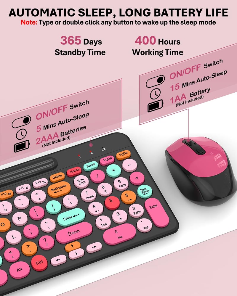 EDJO Pink & Black Colorful Wireless Keyboard and Mouse Combo - Round Keycaps, 2.4GHz Retro Typewriter Keyboard with Number Pad, Cute Compact USB Keyboard and Mouse for Computer PC Desktop Laptop Windows - Image 5
