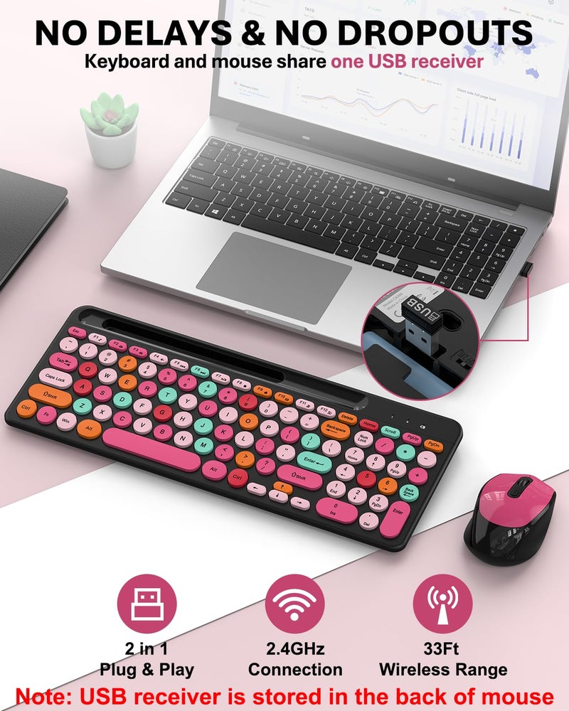 EDJO Pink & Black Colorful Wireless Keyboard and Mouse Combo - Round Keycaps, 2.4GHz Retro Typewriter Keyboard with Number Pad, Cute Compact USB Keyboard and Mouse for Computer PC Desktop Laptop Windows - Image 3