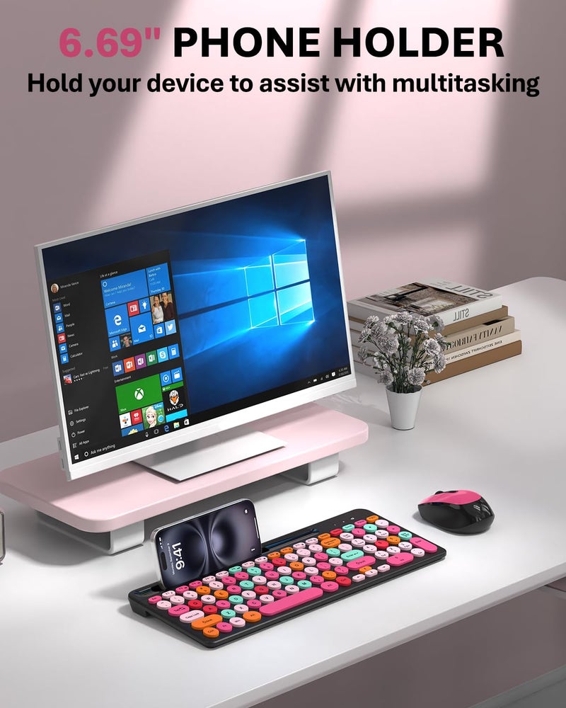 EDJO Pink & Black Colorful Wireless Keyboard and Mouse Combo - Round Keycaps, 2.4GHz Retro Typewriter Keyboard with Number Pad, Cute Compact USB Keyboard and Mouse for Computer PC Desktop Laptop Windows - Image 4
