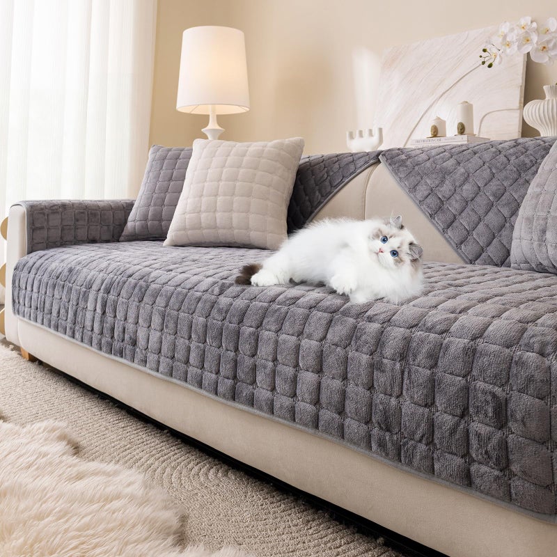 XSlive Flannel Fuzzy Couch Cover for Dogs Washable, Non Slip Sectional Sofa Cover, Pet Couch Covers for 3 Cushion Sofa L Shaped Armrest Backrest, Furniture Protector for Pets Kids (Mid Grey,28"x28") - Image 1