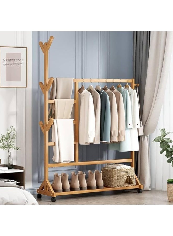 Wooden Garment Rack with Wheels, Mobile Clothes Stand with Bottom Shelf and Side Hooks - Image 1