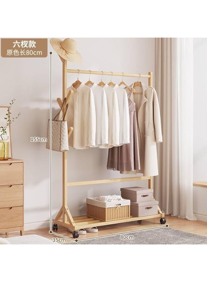 Wooden Garment Rack with Wheels, Mobile Clothes Stand with Bottom Shelf and Side Hooks - Image 3