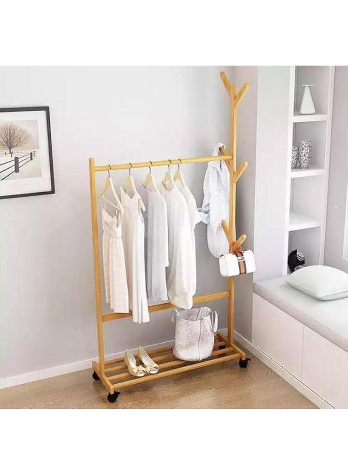 Wooden Garment Rack with Wheels, Mobile Clothes Stand with Bottom Shelf and Side Hooks - Image 2