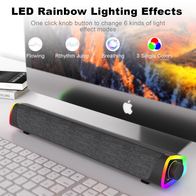 SOULION R30 Plus Bluetooth Computer Speakers, All-in-One Control Button with 6 Modes LED Lights PC Speaker, Wired USB Powered Surround Soundbar for Desktop Monitor Laptop Gray - Image 5
