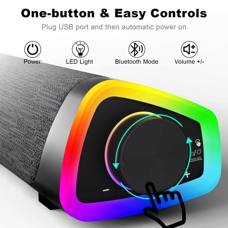 SOULION R30 Plus Bluetooth Computer Speakers, All-in-One Control Button with 6 Modes LED Lights PC Speaker, Wired USB Powered Surround Soundbar for Desktop Monitor Laptop Gray - Image 3