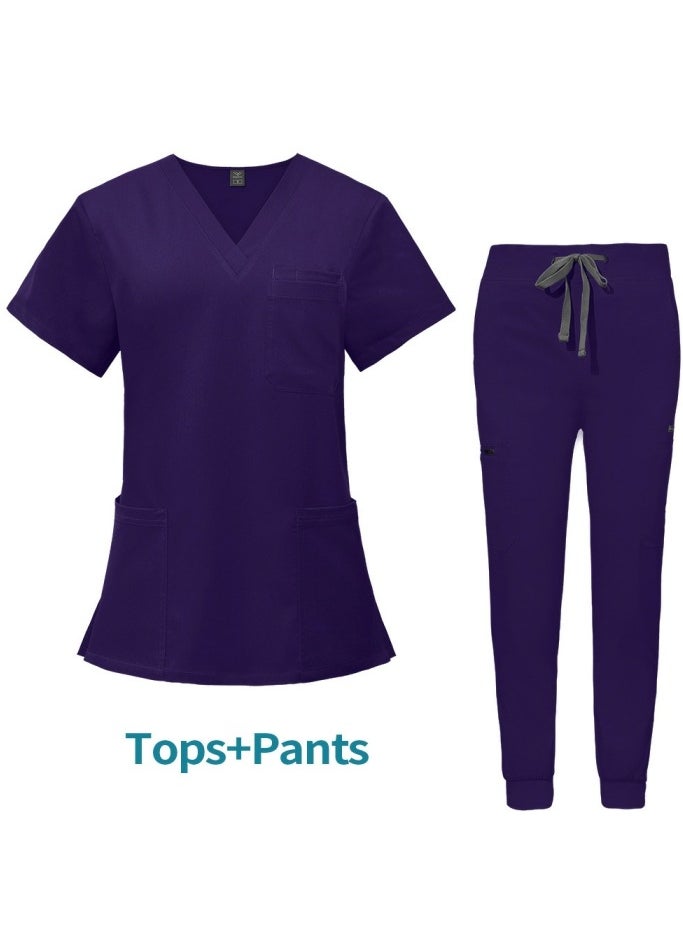 Loquat Medical Uniform Scrubs 2 Piece Set V-Neck Top and Jogger Pants Suit Dark Purple  - Image 1