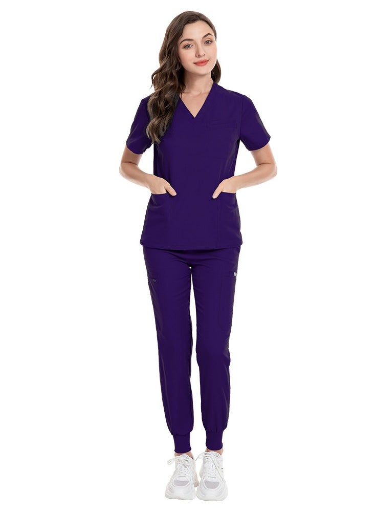 Loquat Medical Uniform Scrubs 2 Piece Set V-Neck Top and Jogger Pants Suit Dark Purple  - Image 2