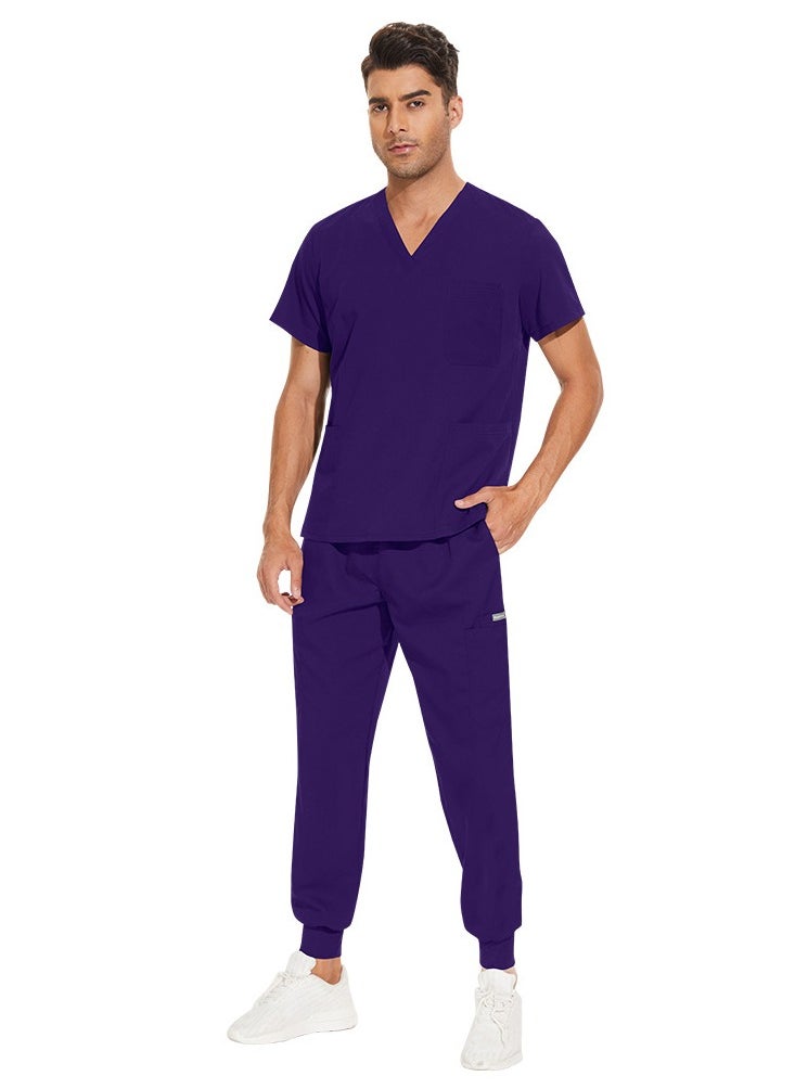 Loquat Medical Uniform Scrubs 2 Piece Set V-Neck Top and Jogger Pants Suit Dark Purple  - Image 3