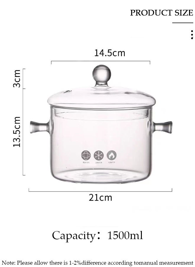 DUNISO وعاء طهي زجاجي مع غطاء، وعاء زجاجي مقاوم للحرارة بسعة 1500 مل ومقلاة بغطاء، أفضل مجموعة أواني طهي زجاجية مصنوعة يدويًا وآمنة للمعكرونة والحساء والحليب وأغذية الأطفال - Image 5