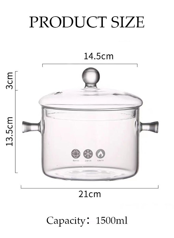 DUNISO - Glass Cooking Pot Saucepan with Cover,1500ml Heat-resistant Glass Stovetop Pot and Pan with Lid, The Best Handmade Glass Cookware Set Cooktop Safe for Pasta Noodle, Soup, Milk, Baby Food - Image 1