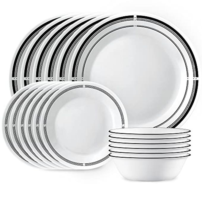 Corelle 18-Piece Round Dinnerware Set Service for 6, Lightweight Round Plates and Bowls Set, Vitrelle Triple Layer Glass, Chip and Scratch Resistant, Microwave and Dishwasher Safe, Brasserie
