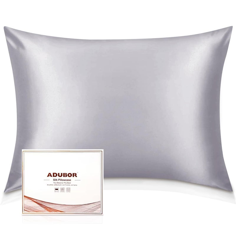 Adubor Silk Pillowcase  Mulberry Silk Pillow Case 23 Momme 6A Grade Fibers 900 Thread Count Silk Pillow Cases for Hair and Skin Health with Hidden Zipper Queen 20x30 Silver Gray 1PC