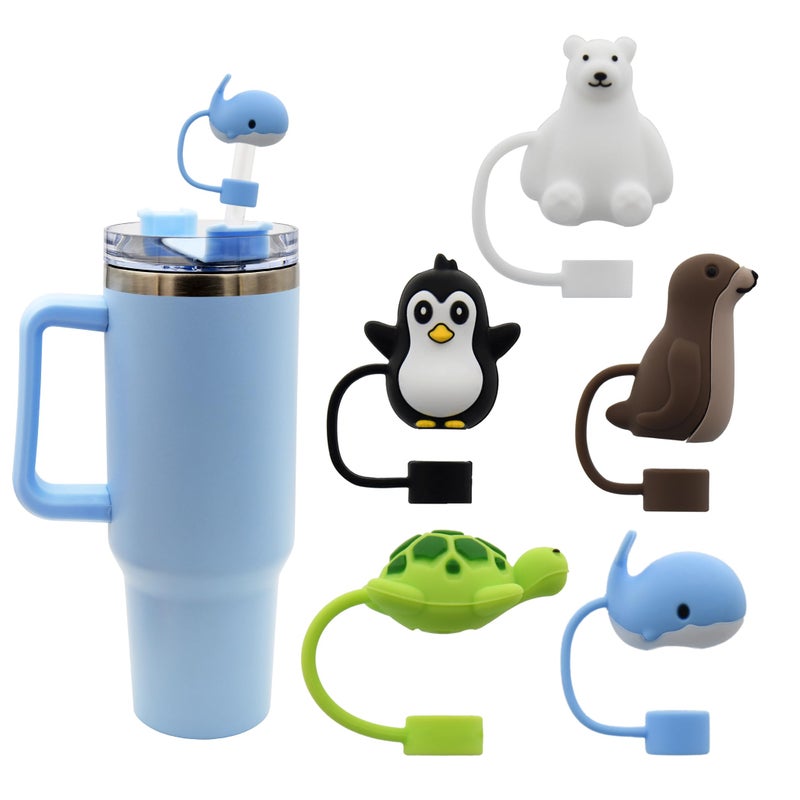 Meitesti Silicone Straw Cover for 10mm Straw Covers Cap for Stanley Cup Accessories, Cute Straw Topper for Tumblers Straw Cap Stopper for Reusable Straws Tip Lids (5pcs Marine-animals-B) - Image 1