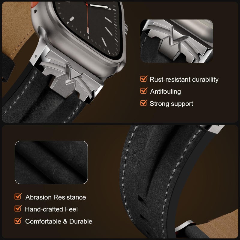 DABAOZA Leather Band Compatible for Apple Watch Ultra 3 Band 49mm 46mm 45mm 44mm for Men Women, Premium Leather Rugged Matel Strap for iWatch Ultra 2 SE Series 11 10 9 8 7 6 5 4ï¼ˆTitanium/Blackï¼‰ - Image 3