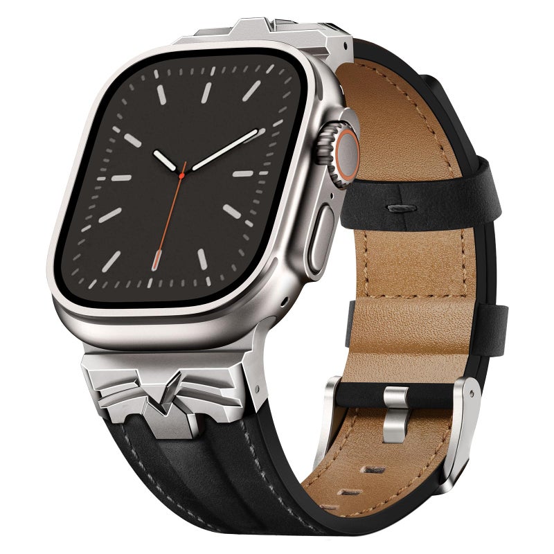 DABAOZA Leather Band Compatible for Apple Watch Ultra 3 Band 49mm 46mm 45mm 44mm for Men Women, Premium Leather Rugged Matel Strap for iWatch Ultra 2 SE Series 11 10 9 8 7 6 5 4ï¼ˆTitanium/Blackï¼‰ - Image 1