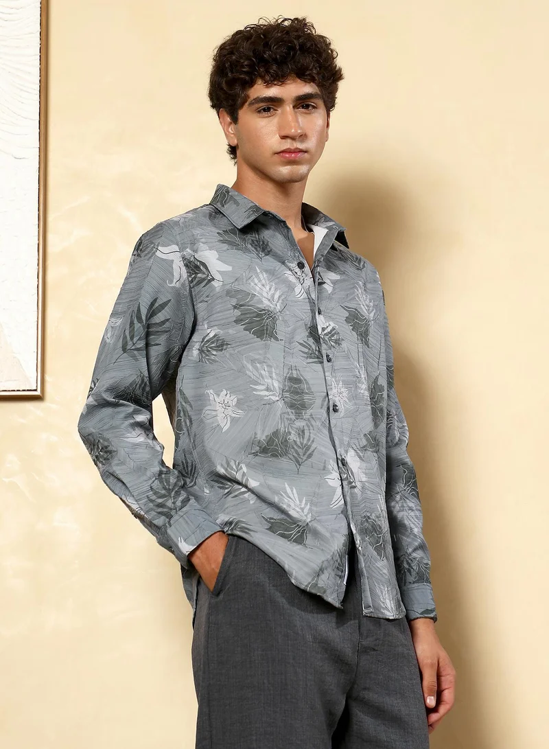 CAHOOT  Men's Moon Grey Leaf-Imprint Foliage-Tactile Shirt for Men | Best Price UAE