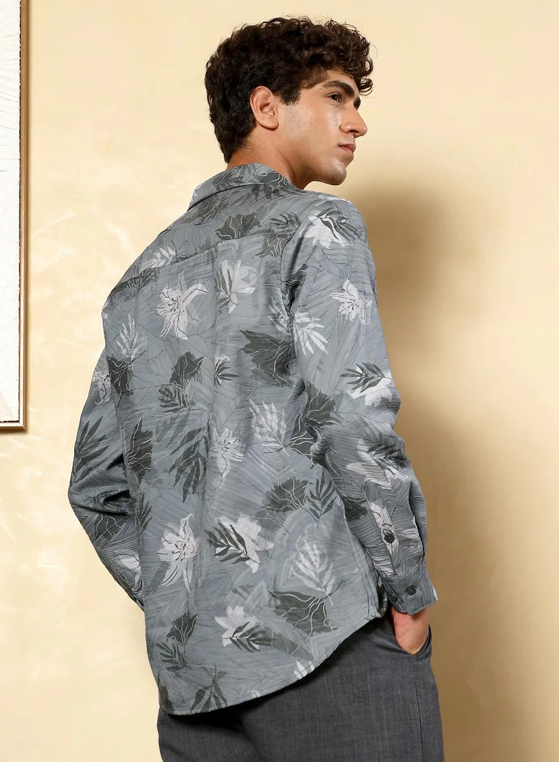 CAHOOT  Men's Moon Grey Leaf-Imprint Foliage-Tactile Shirt for Men | Best Price UAE